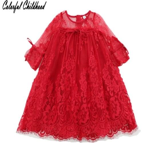 Red lace dress girls Christmas clothes flare sleeve A-line dress Baby Kids Girls Party Gown Formal Dress sweet Bowknot Dress