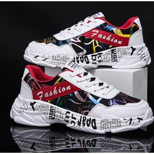 2021 Fashion Graffiti Printed Casual Sneakers Men Platform Outdoor Red Sneakers for Couple Breathable Mens Low-cut Sports Shoes