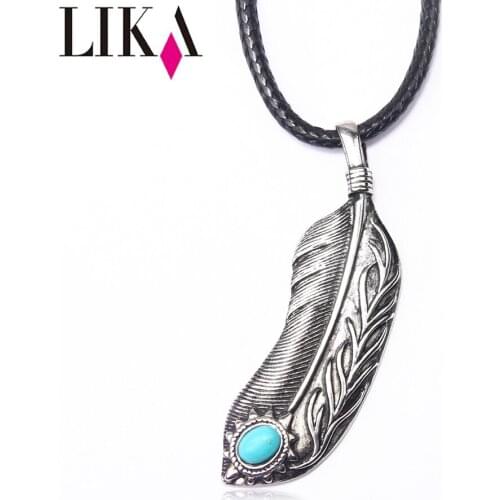 LIKA Antique Silver Feather Women Pendant Necklace with turquoise,Leather Cord Alloy Pendant Jewelry Necklace