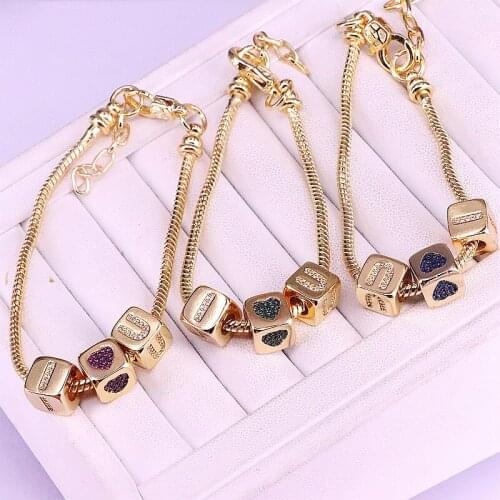 2pcs Fashion Gold color Cube Charms Bracelet Bangle zircon charms elegant Metal Chain Bracelet for lady Lover gift