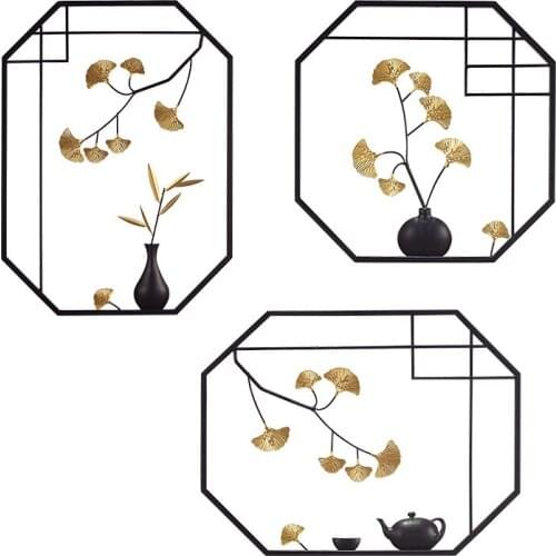 Chinese Room Wall Decoration Ginkgo Biloba Simulation Teapot Vase Hanging Ornaments Iron Backdrop Display Vintage Home Decor