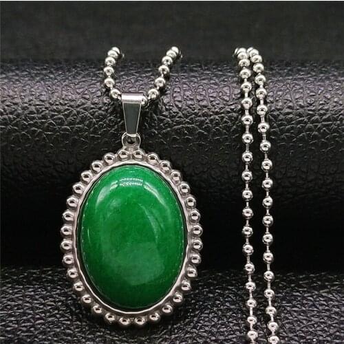Green Stone Stainless Steel Necklace Chain Women/Men Silver Color Oval Charm Necklaces Jewelry collar acero inoxidable N4519S05