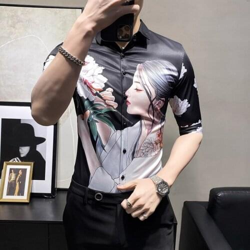 Fashion Men Beauty print Shirt Men Slim Fit Autumn New Half Sleeve Shirts Men All Match Digital Print Blouse 2021 Men Clothing