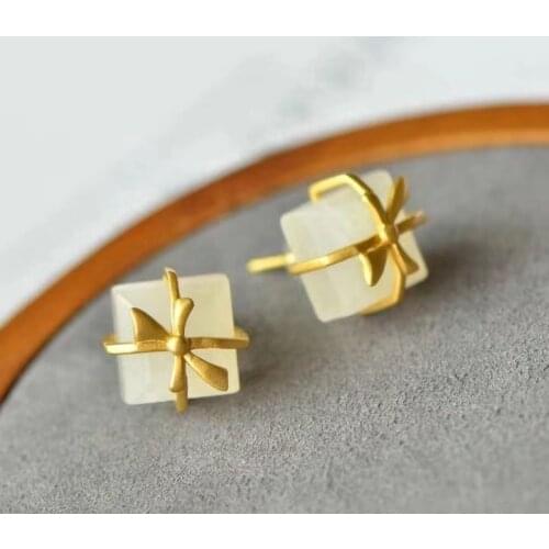 S925 Sterling Silver Natural Hetian Jade Elegant White Jade Bow Stud Earrings S925 Sterling Silver Square Stud Earrings Womens