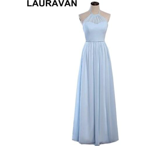 Sexy long light sky blue sweet 16 halter fitted formal classy bridesmaid dresses aline woman bridesmaids gown 2020 new arrival