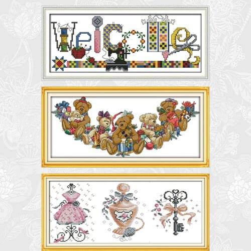 Sewing Machine Welcome Card Cross Stitch Print on Canvas 14CT 11CT Christmas Bears Needlework Cinderellas Dress Embroidery kits
