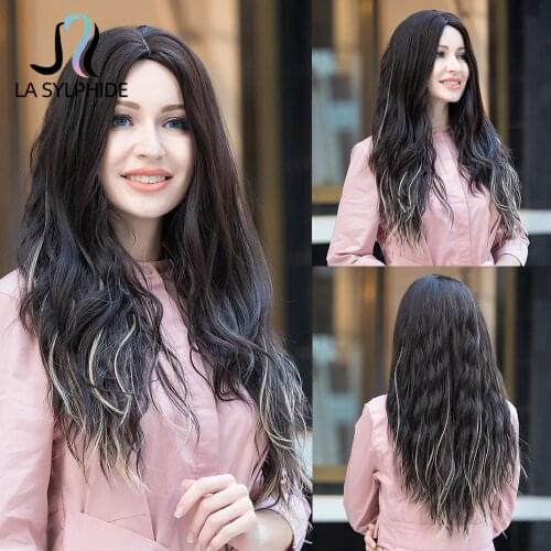 La Sylphide Synthetic Wig Long Loose Wave Dark Brown with HightLight Blonde Middle Part Hair Wigs for Woman Heat Resistant Hair