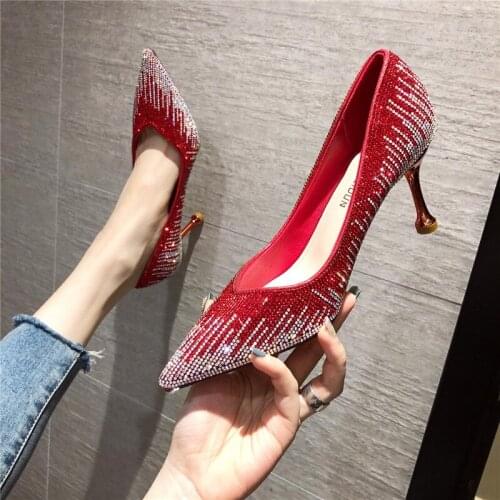 Crystal wedding shoes high heels women 2021 new spring all-match French stiletto red pointed