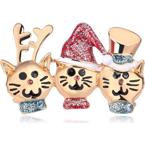 Three Christmas Cat Brooches Cute Vivid Animal Pin Fashion Women Men Brooch Party Bouquet Jewelry Accessories Kids Gift AL585