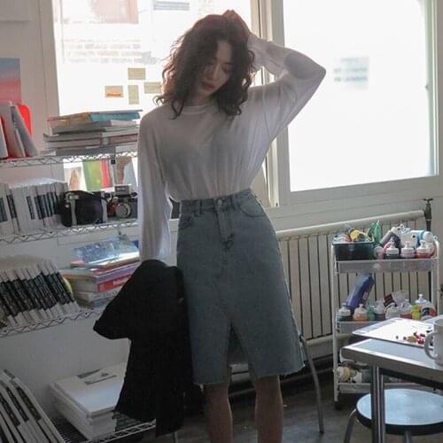 Korea Chic Retro Was Thin Wild High-Waist Slit Under The Slit Raw Edge Denim Skirt Mid-Skirt Women