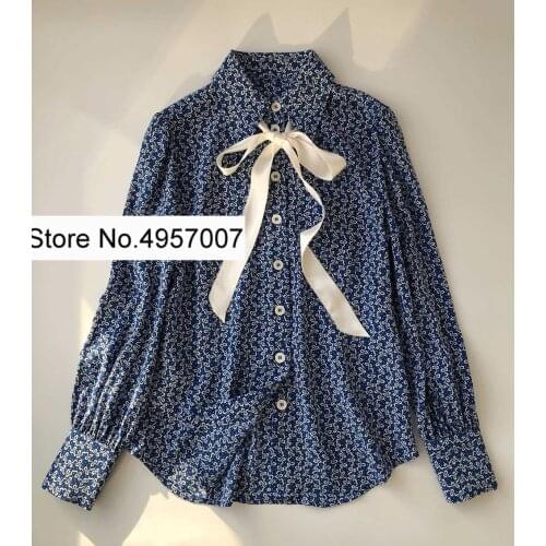 Ladies 2021ss 100% Slik Long Sleeve Lapel Blouse Shirt Shirt Top With Contrast Removable Ribbon Ties