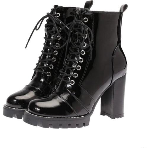 Womens Motorcycle Boots 2020 Women Platform Lace Up Ankle Boots Ladies Black High Heels Autumn New Woman Pumps Female Shoes