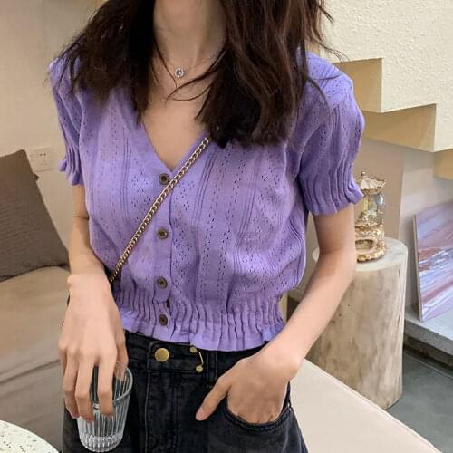 Woman TShirts Summer Purple Porous V-neck Short-Sleeved Sweater for Women Cardigan Top Crop Top Mujer Camisetas