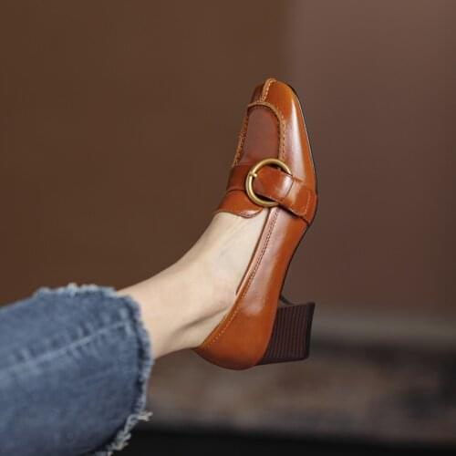 MORDOAN genuine cow leather loafers retro womens shoes mid-heel square toe ladies casual shoes Oxford shoes womens shoes