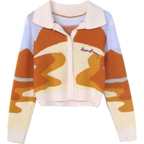 Women Autumn Long Sleeve Lapel Knitted Cardigan Graffiti Contrast Color Letters Embroidery Sweater Coat Harajuku Button Slim Cro