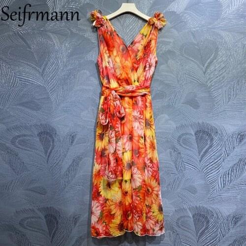 Seifrmann New 2021 Summer Women Fashion Runway Party Long Dress Sexy V-Neck Bow Sashes High Waist Vintage Print Ladies Dresses