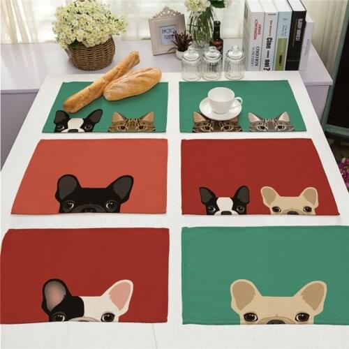 1Pcs Dog Cat Pattern Placemat Dining Table Mat Drink Coasters Western Pad Cotton Linen Cup Mat 42*32cm Kitchen Accessory MA0001