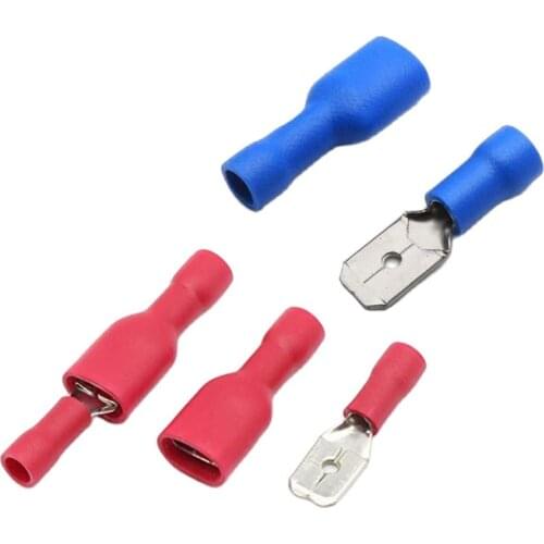 100pcs 50pairs 6.3mm 16-14AWG Female Male Electrical Wiring Connector Insulated Crimp Terminal Spade Blue Red FDFD2-250 MDD2-250