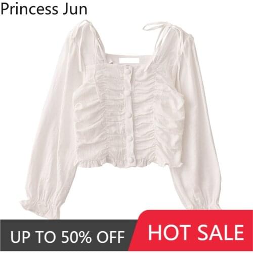 2021 New French Girl Retro Palace Style Short Shirt Square Collar Black White Wrinkled Slim Short Blouse Long Sleeve Fashion Top