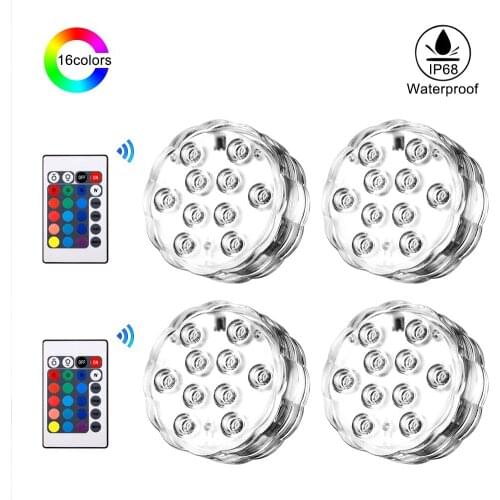 4pcs RGB Submersible Lights 10LED Battery Operated Underwater Night Light With 2pcs Remote Control