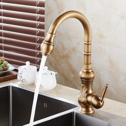 Antique Brass Carve Art Hot and Cold Water kitchen sink faucet 360 Degree Rotation Single Handle/hole Kitchen Mixer Taps KD1289