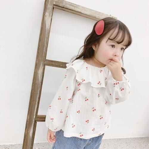 Autumn New Cherry Printed Baby Girls Cute Blouses Ruffles Collar Tops Korean Style Kids Clothes Long Sleeve Children Shirts