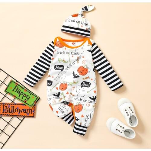 2Pcs Baby Halloween Outfit, Cartoon Pumpkin Ghost Stripe Long Sleeves Romper + Knotted Hat for Toddler Girls, Boys, 0-24 Months