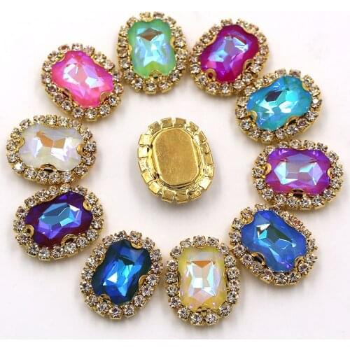 Jewelry Making Rectangular Octagon Crystal Buckle Glass Crystal Ab Mocha Rhinestones Gold Cup Chain rim Sew On Clothing/Dress