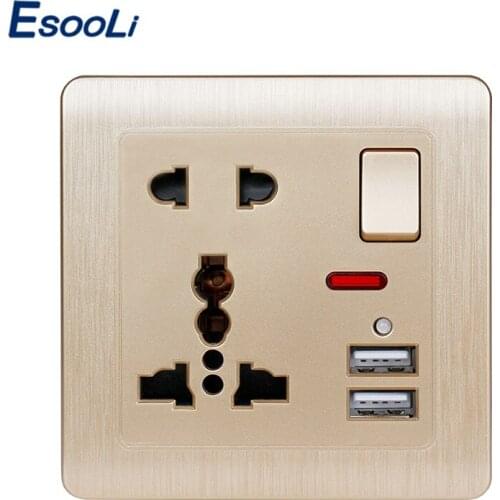 Esooli Wall Power Socket 13A Universal 5 Hole Switched Outlet 2.1A Dual USB Charger Port LED indicator Gold Brushed Panel