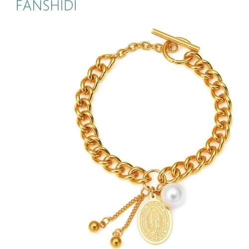 FANSHIDI Stainless Steel Oval Coin Virgin Mary Bracelet For Women Toggle-Clasps virgen del rocio Chain Pulseras de Para Mujer