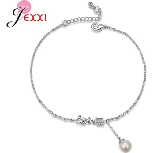 Good Quality 925 Sterling Silver Cute Cat & Pearl Pendant Bracelet & Bangles Adjustable Hand Chains For Girls/Women Gifts