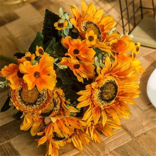 Retro Artificial Sunflower Bouquet for Home Desktop Decor Silk Flower Daisy DIY Decorative Flowers for Garden Wedding TS1