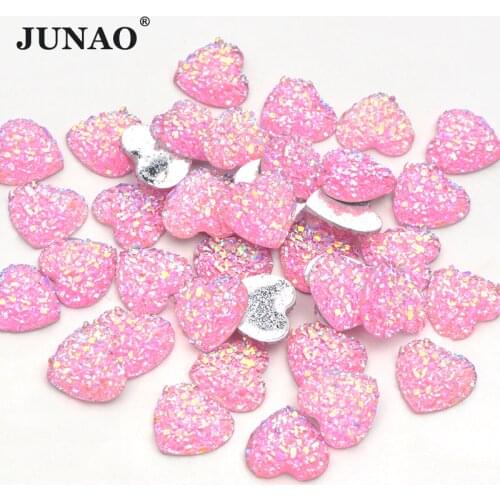JUNAO 12mm Pink AB Resin Rhinestones Applique Heart Shape Stones Non Hotfix Strass Crystals Scrapbook Beads for Jewelry Crafts