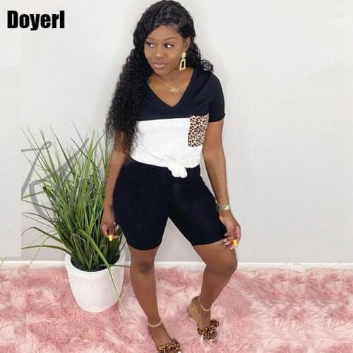 Casual Two Piece Set Women Tracksuit Leopard Patchwork Top and Biker Shorts Matching Sets Short 2 Piece Summer Outfits for Women