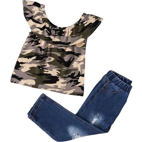 Toddler Baby Girls 2Pcs Summer Outfits, Camouflage Ruffle Tops Shirt + Ripped Denim Pants Set