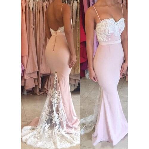 Fashion Spaghetti Straps Lace Appliques Stretch Fabric Prom Gown Floor Length Mermaid Evening Dress Custom Made