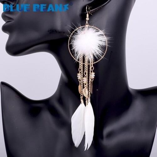 Fashion bohemian drop earrings statement luxury long Tassel feather earring crystal Pompom hanging for women Fluff Leaf jewelry