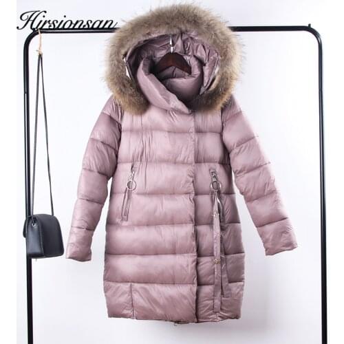 Hirsionsan Winter Coat Women Mink Real Fur Collar Hooded Thicken Windproof Warm Ladies Long Slim Jacket With Crystal Pendant
