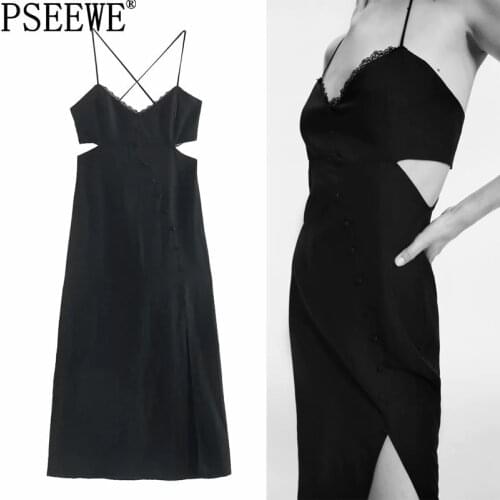 PSEEWE Za Black Cut Out Dress Woman Lace Slip Long Dress Women Summer 2021 Backless Midi Sexy Dresses Slit Party Dresses