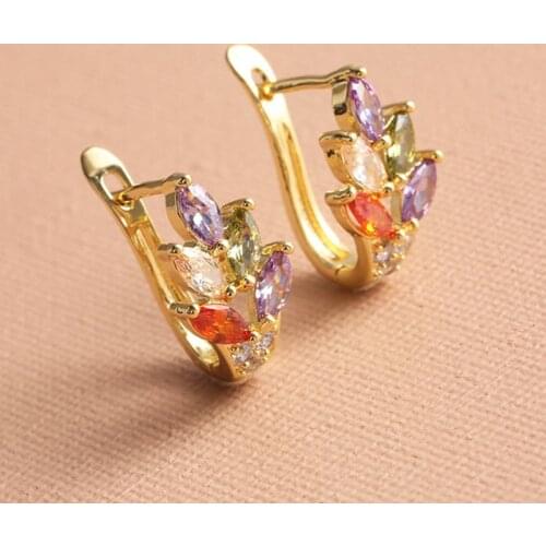 Colored Leaf Earrings For Women Rainbow Zircon Gold Color Korean Accessories Ear Hoops Wholesale Jewelry Gifts KBE017