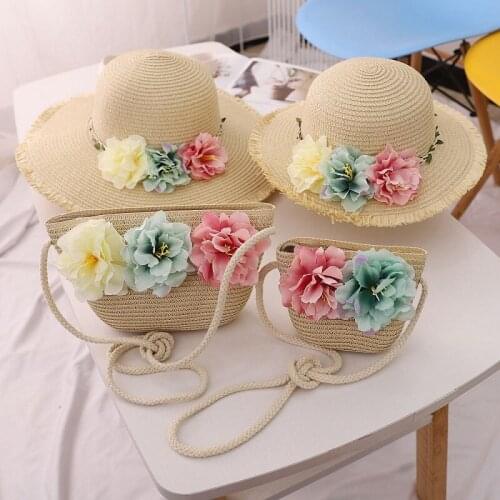 Parent child Summer Straw Hat Little Girls Female Baby Hat Matching Bag Sun Hat Shade Flower Travel vacation Beach Hat