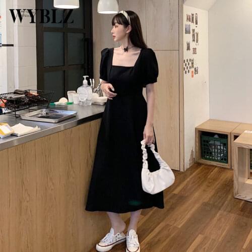WYBLZ Black Long Dresses For Women Elegant French Style Ladies Square Collar Puff Sleeve Solid High Waist Simple Party Dresses