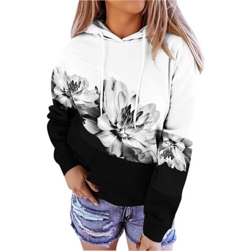 Women Hoodie Sweatshirts Patchwork Floral Printed Long-sleeved Hooded Sweatshirt Autumn Casual Pullover Top Sudadera Mujer