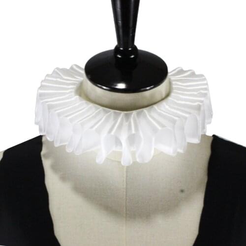 Women Romantic Ribbon Bow Ruffled Fake Collar Victorian Renaissance Neck Ruff White Satin Clown Choker Cosplay Costume