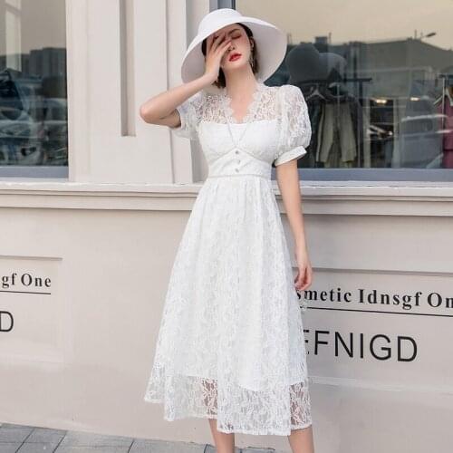 2020 New Fashion Summer Lace Dress Women Sexy v-neck hollow out French vintage party Dress Vestidos