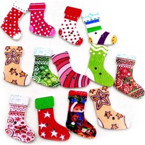 50Pcs Xmas Stocking Shape 2 Holes Mixed Color Wooden Buttons Sewing DIY Craft Christmas socks dropship Wholesale Buttons