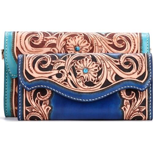 Handmade Wallets Original Design Carving Flower Purses Women Long Clutch Vegetable Tanned Leather Wallet