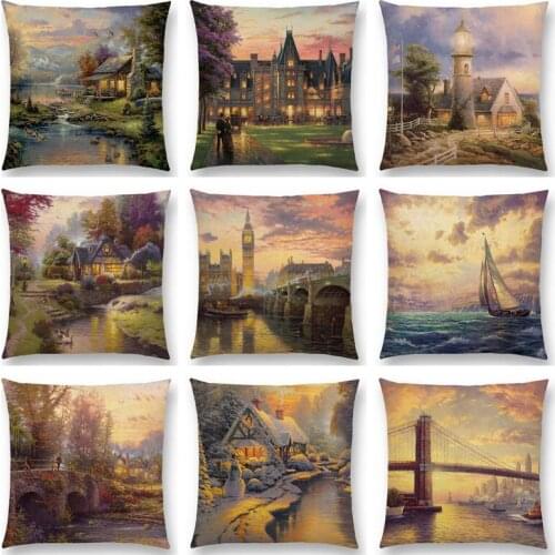 Forest Rivers Countryside Cabin Fields Gardens Scenery Oil Painting Fairy Tale Lighthouse Colorful Cushion Cover Pillow Case