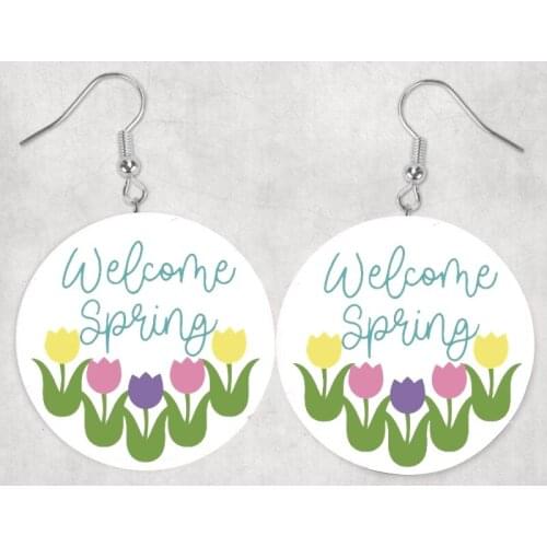 Welcome Spring Farmhouse Porch Earrings Leather Earrings Three Layers Glitter Teardrop Earrings