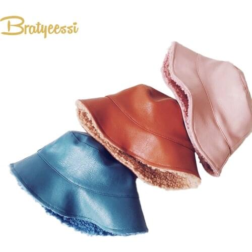 Reversible Winter Hats for Children Bucket Hat PU Leather Baby Hat for Boys Girls Cap Accessories Kids Hats Caps 2-5 Years